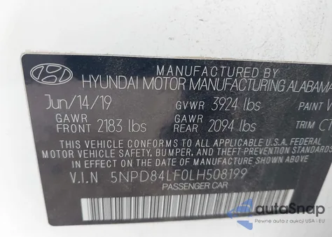 2020 Hyundai Elantra Sel z USA, uszkodzony, nr VIN 5NPD84LF0LH508199